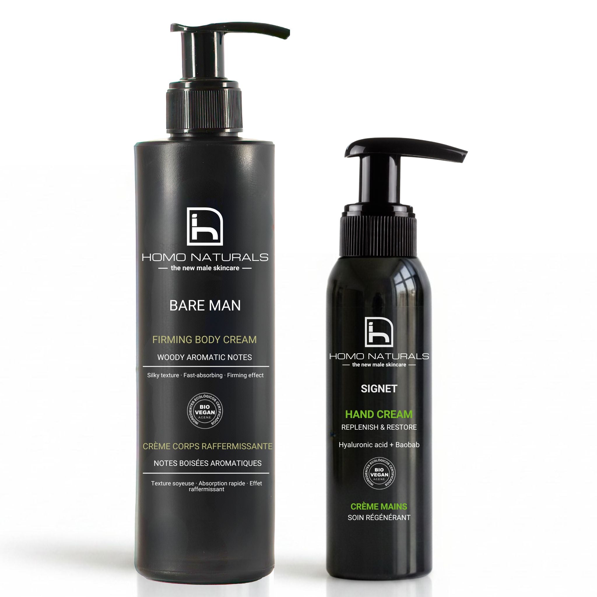 Kit de crema corporal y crema de manos de Homo Naturals para hombre. Productos naturales para la piel del hombre, con certificación bio + vegan.