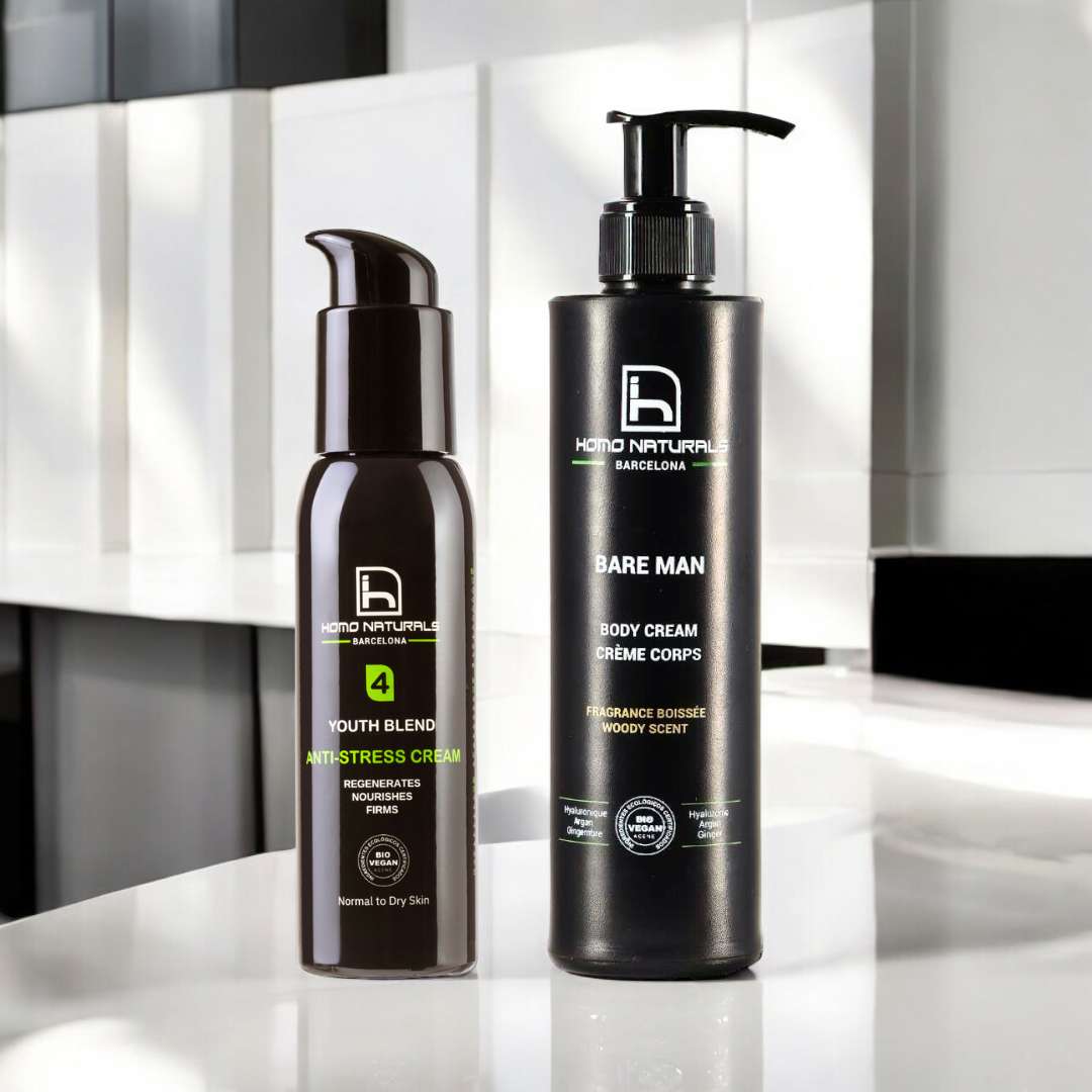 Crema antiarrugas natural y crema corporal para hombre. Certificación ecológica y vegana.