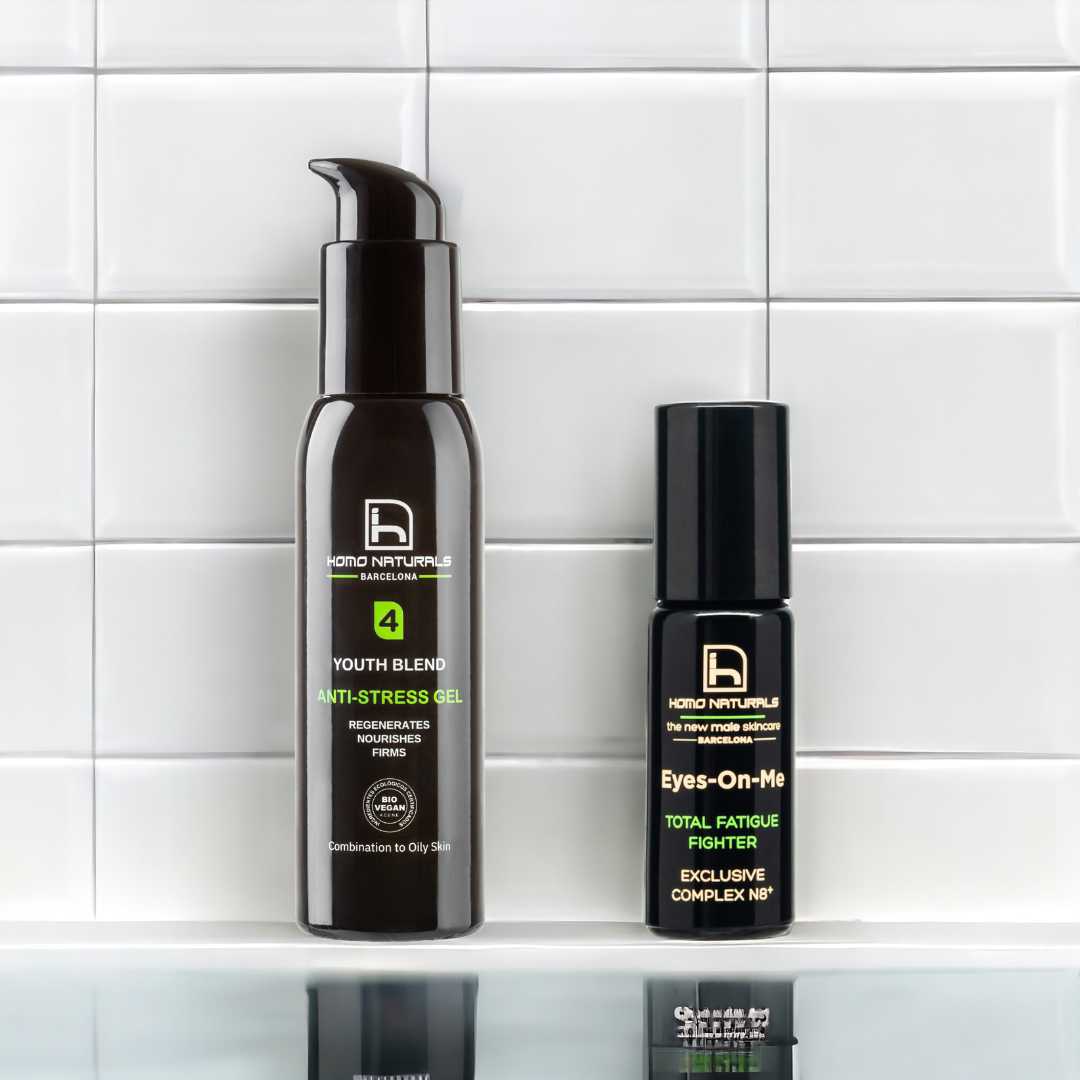 Kit de cuidado facial para hombre con crema antiarrugas y contorno de ojos natural para quitar ojeras.