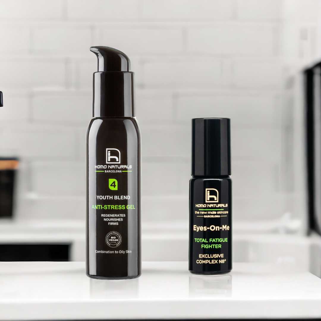 Kit de cuidado facial para hombre con crema antiedad y contorno de ojos natural para quitar bolsas, arrugas y ojeras.