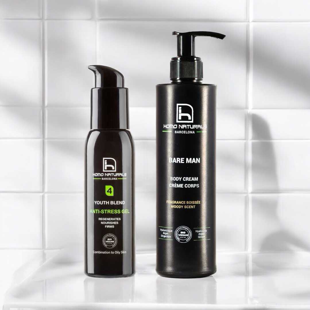Kit de productos para el cuidado de la piel del hombre con crema antiedad natural y crema corporal.