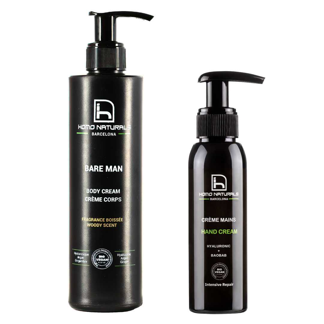 Kit de crema corporal para hombre y crema de manos para hombre. Productos naturales, ecológicos y veganos con extractos botánicos de la mejor calidad.