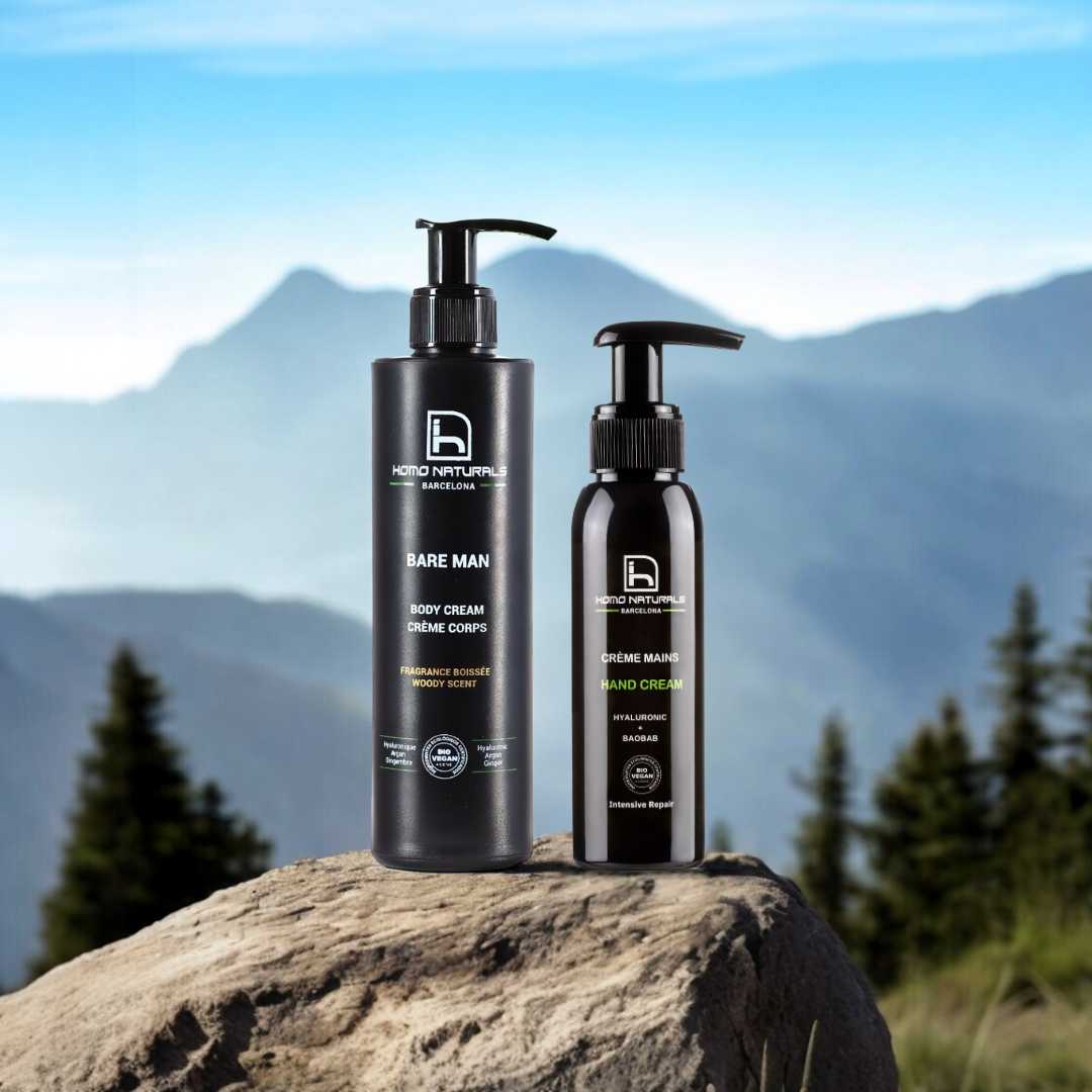 Kit de crema corporal y crema de manos ideal para regalo hombres. Con extractos botánicos premium. 100% natural.