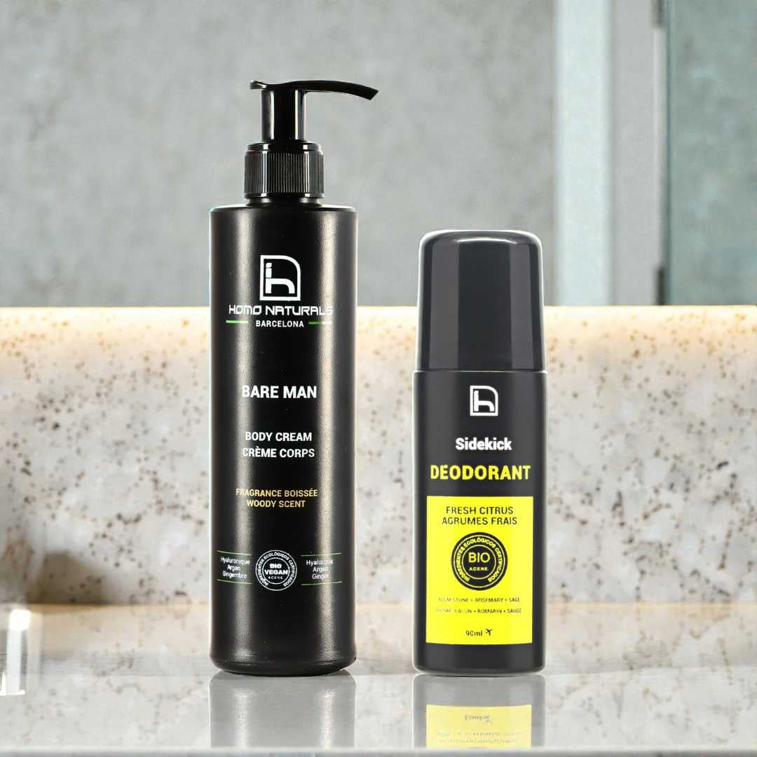 Crema corporal natural y desodorante sin aluminio para hombre. Kit ideal para regalo.