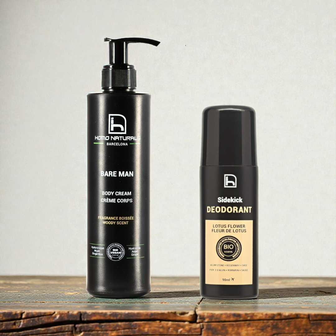 Crema corporal para hombre y desodorante sin alcohol. Kit de productos naturales para hombres, ideal para regalar.