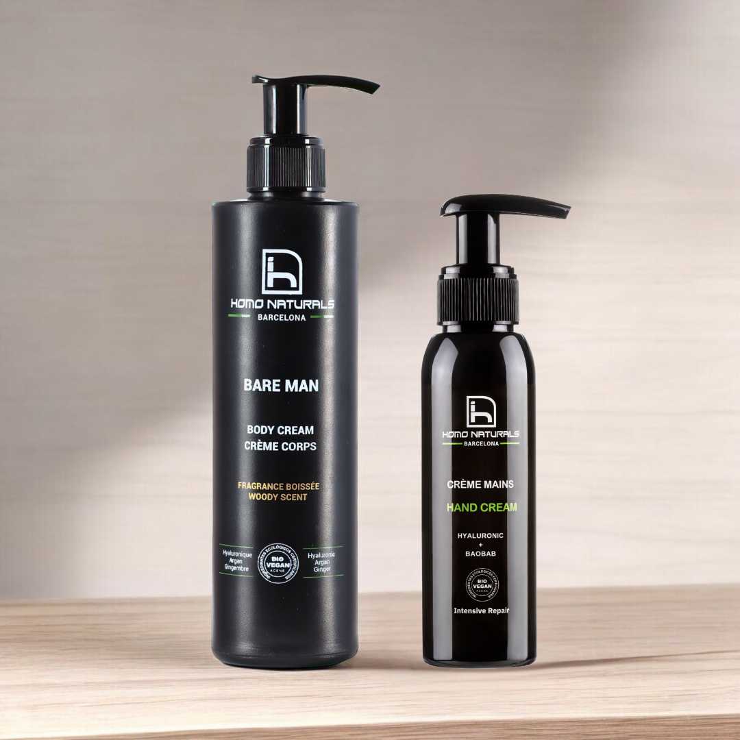 Kit de crema corporal y crema de manos, ideal para regalo hombres. Productos naturales y ecológicos con certificación Bio + Vegan.