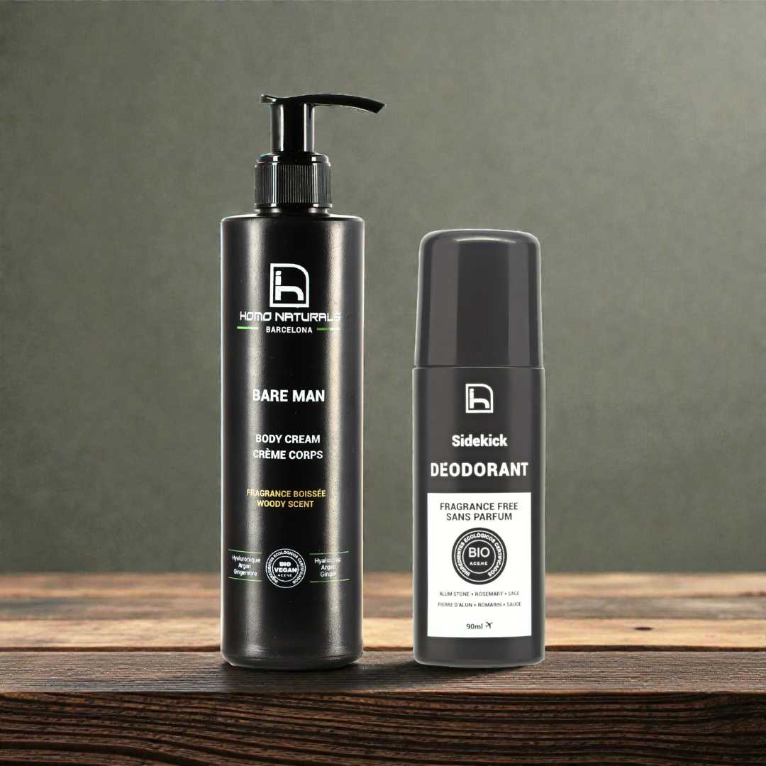 Crema corporal para hombre y desodorante natural. Sin derivados del petróleo. Con certificación Bio + Vegan.