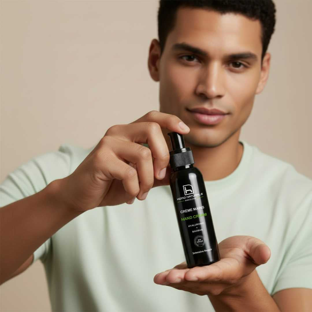 Crema de manos natural para hombre, sin derivados del petróleo. Con certificación ecológica y vegana. Sin parabenos. Con aloe vera, ácido hialurónico y Baobab, gran reparador de manos secas y agrietadas.