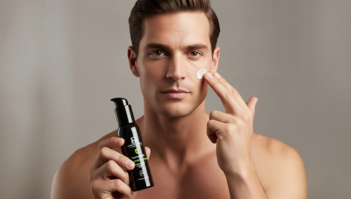 Crema_facial_antiedad_natural_para_hombre con ácido hialurónico y bakuchiol. Sin siliconas, ecológica, bio y vegana. Cosmética natural masculina. El mejor skincare para las necesidades de la piel del hombre.