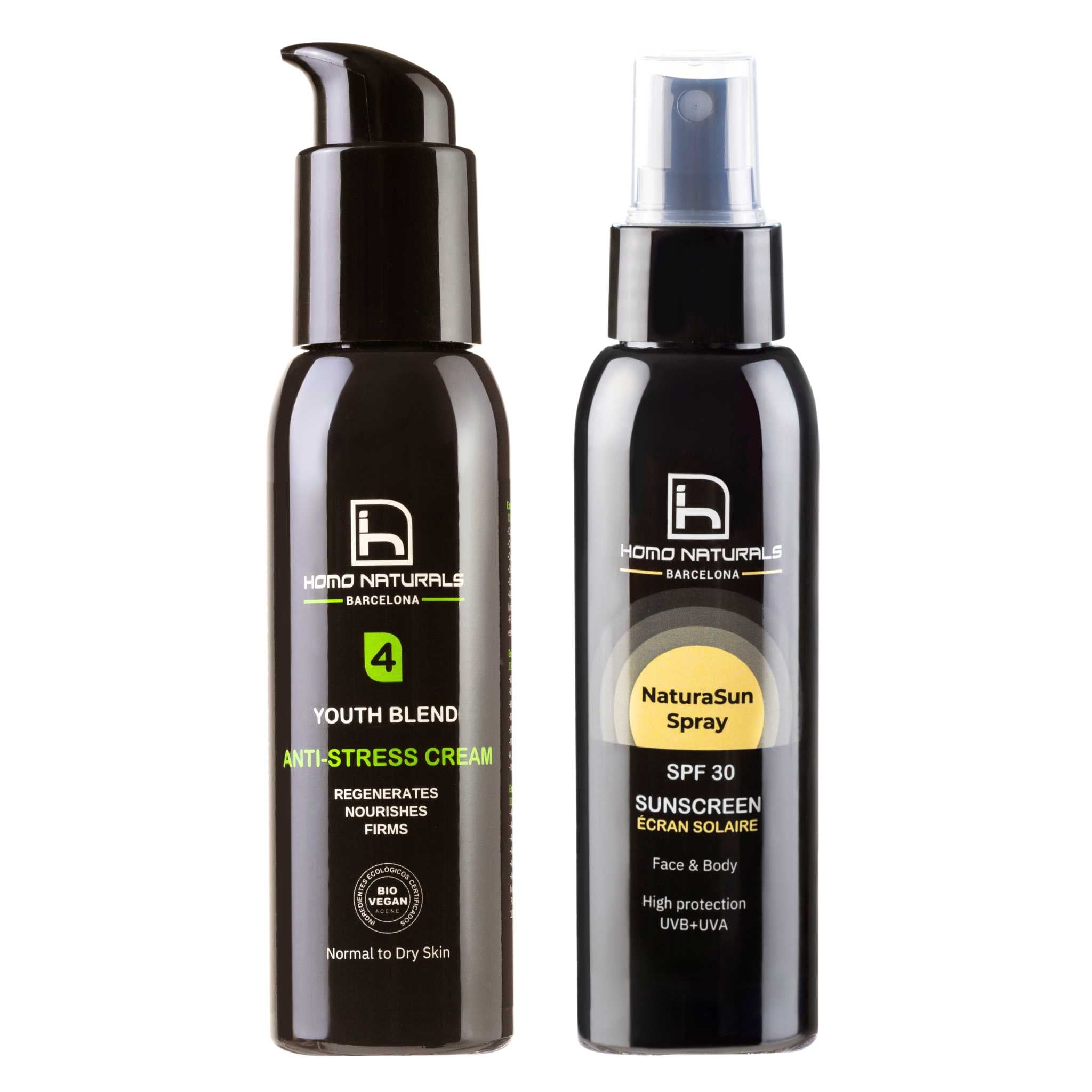 Crema antiarrugas para hombre y protector solar natural en spray