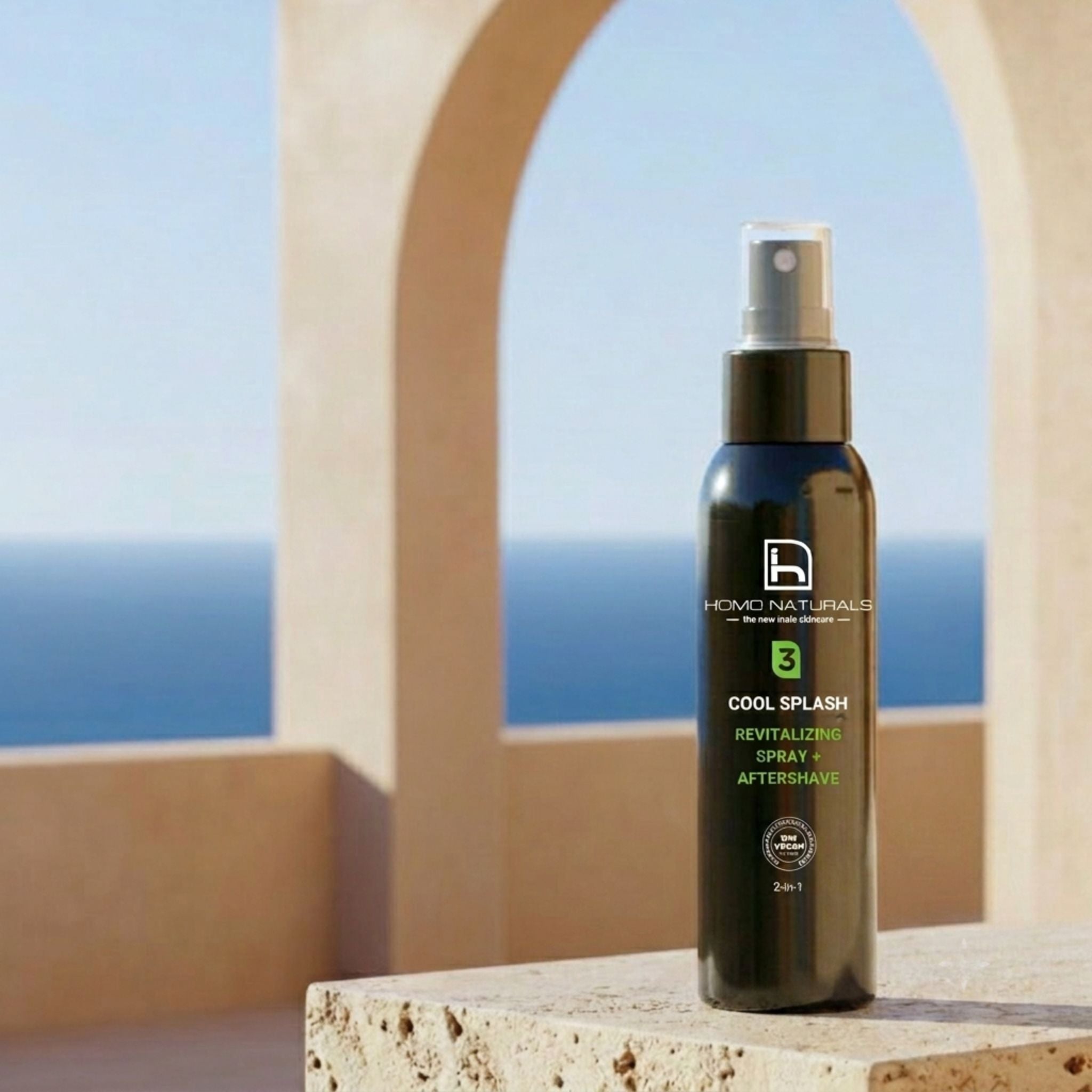 Tónico facial y after-shave 2 en 1 para revitalizar y refrescar la piel del hombre. Cool Splash de la marca Homo Naturals. Sin alcohol. Con activos calmantes y revitalizantes. Seborregulador. Oil-free.