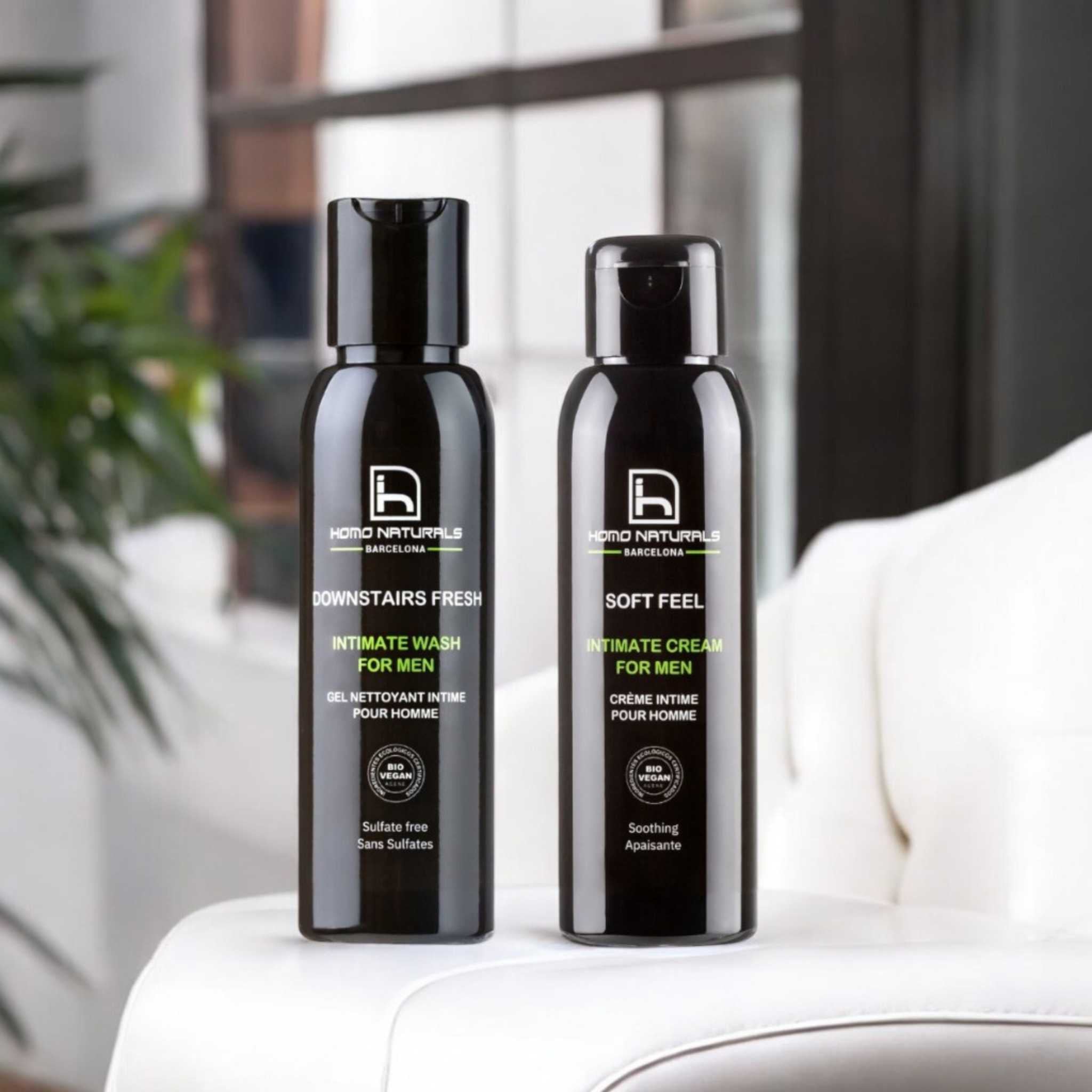 Kit de cuidado íntimo diario para hombre. Contiene jabón íntimo sin sulfatos y crema íntima calmante natural.