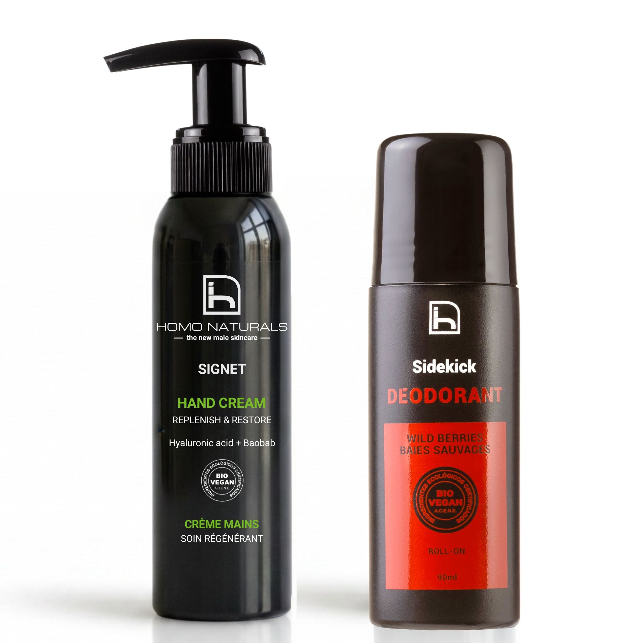 Kit de cuidado personal para hombre de Homo Naturals con desodorante natural Sidekick Wild Berries y crema de manos Signet para ayudar a mantener las axilas frescas y las manos hidratadas.