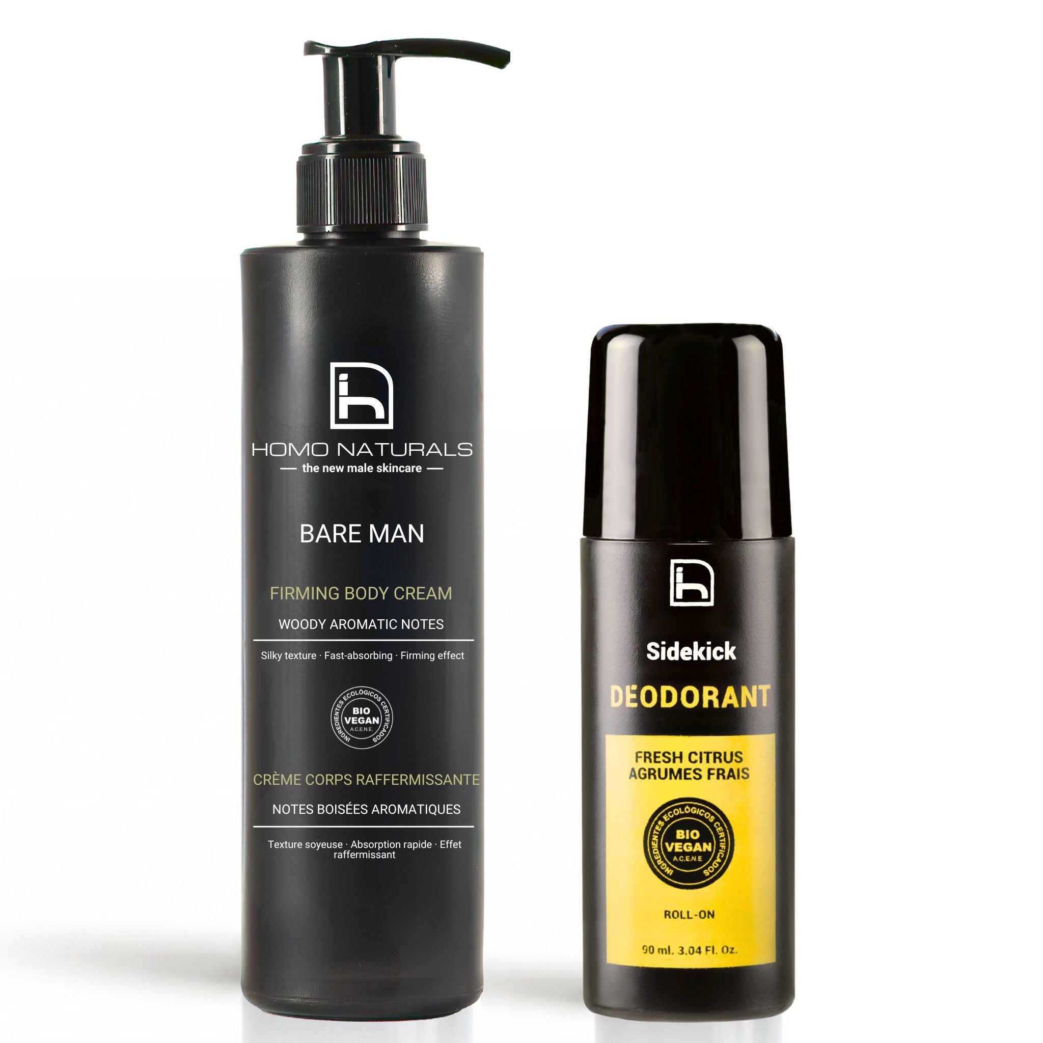 Cuidado corporal para hombre con el kit de crema corporal y desodorante natural sin aluminio. Productos naturales sin derivados del petróleo y sin disruptores endocrinos.