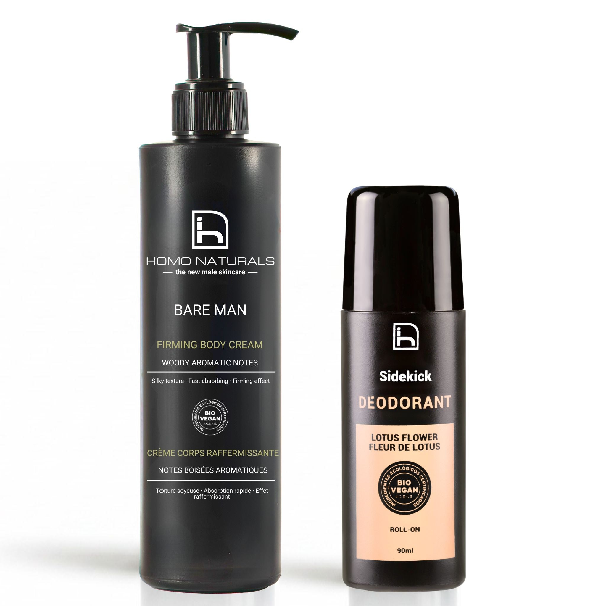 Kit de cuidado corporal para hombre de Homo Natuarls. Contiene una crema hidratante corporal y un desodorante natural sin aluminio. Productos con certificación bio + vegan.