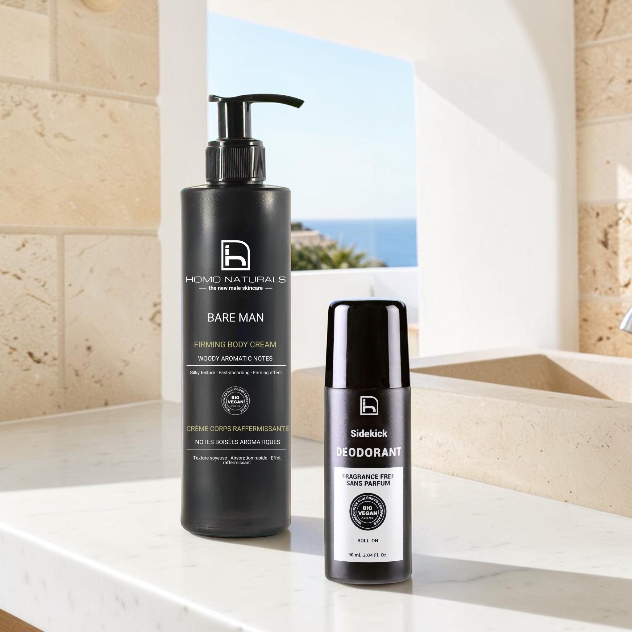 Kit de cuidado corporal para hombre de la marca Homo Naturals. Crema corporal reafirmante y desodorante sin perfume. Ideal para regalar. Presentación premium y fórmulas 100% naturales, con ingredientes de primera calidad. Certificación bio + vegan.