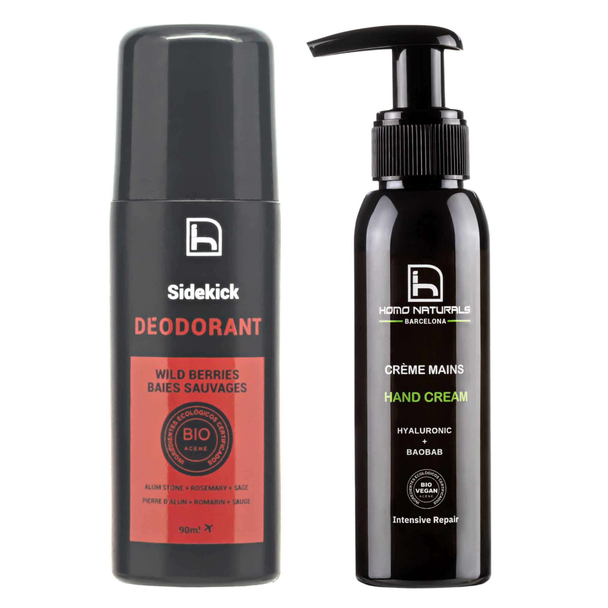 Desodorante natural hombre y crema de manos con ácido hialurónico para hombres. Con extractos botánicos de la mejor calidad.