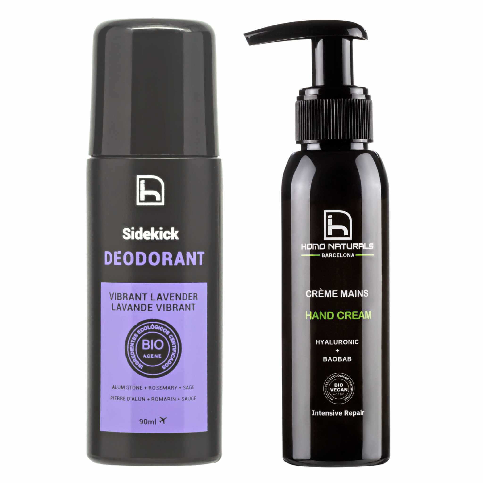 Desodorante natural y ecológico para hombre y crema de manos hombre con extractos botánicos premium.