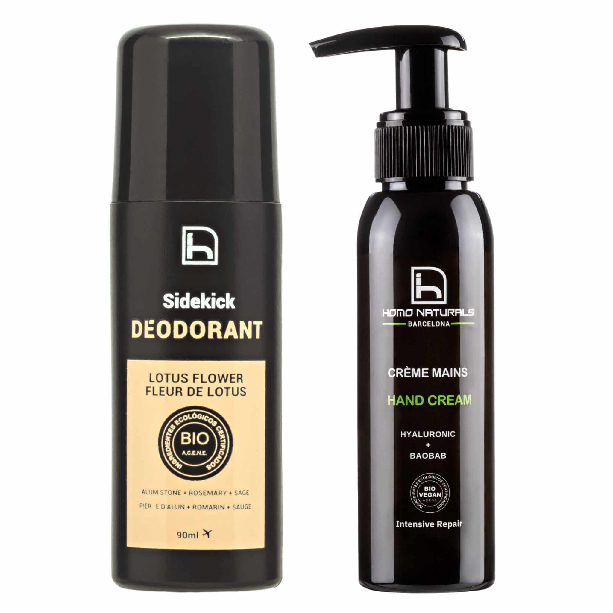 Desodorante natural hombre y crema de manos para hombres. Productos con certificación ecológica y vegana. Con ácido hialurónico bio. Sin derivados del petróleo.