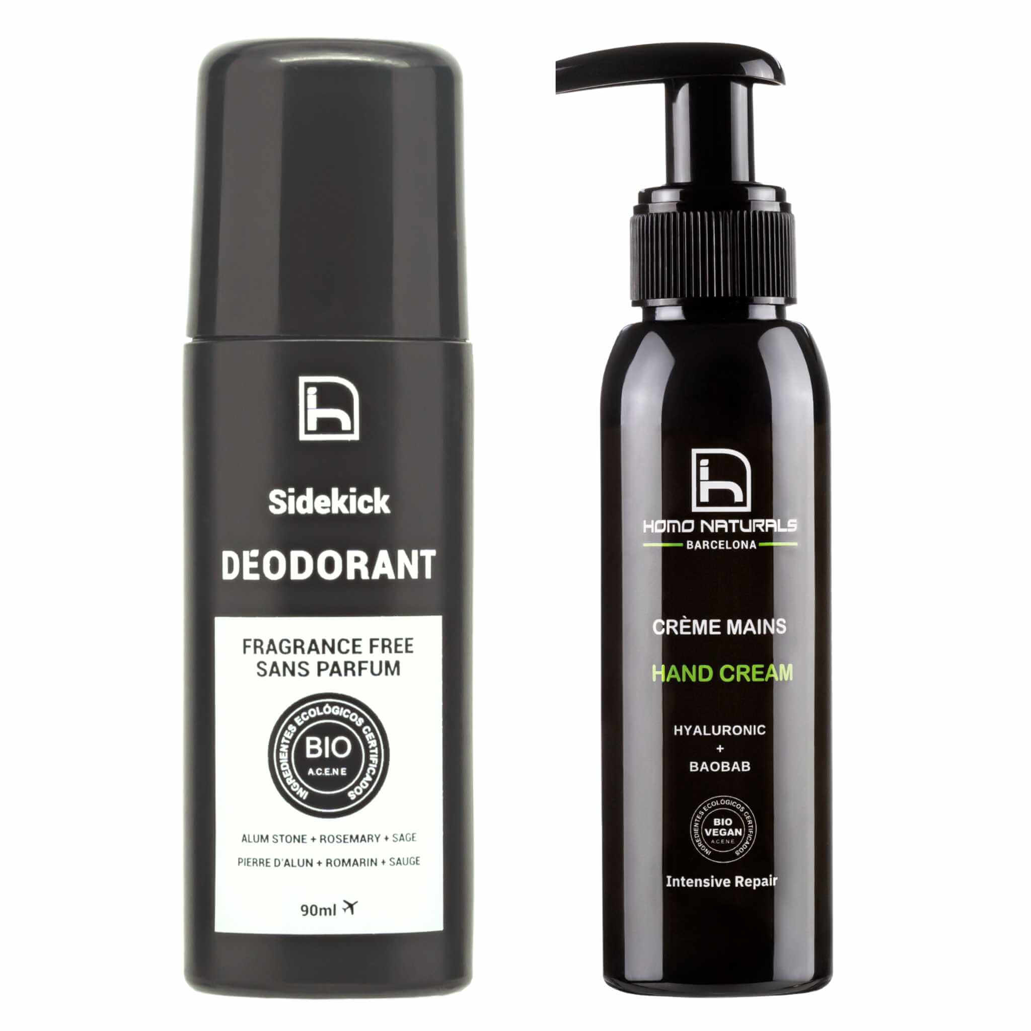 Desodorante natural sin perfume para hombre y crema de manos para hombre con certificación ecológica y vegana.