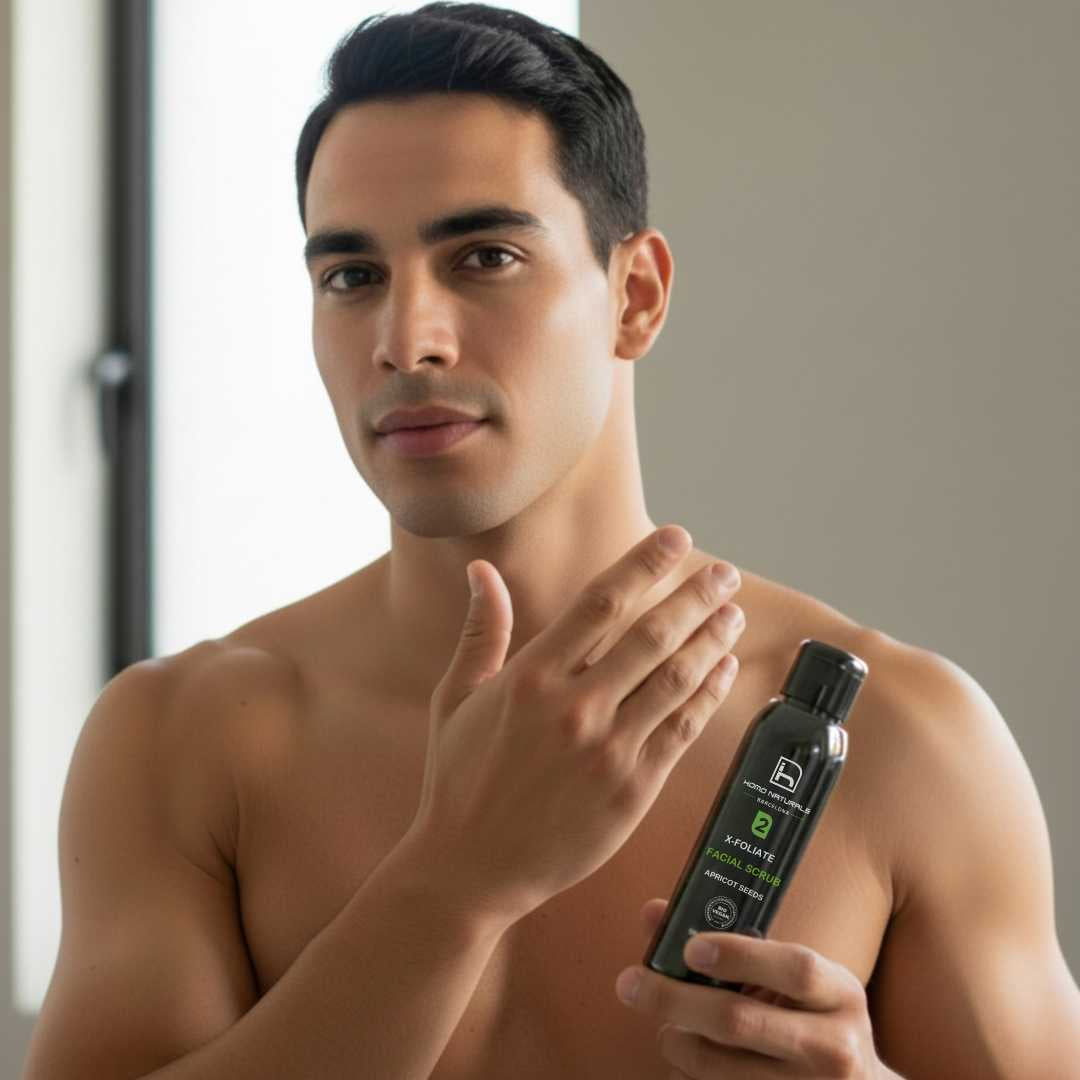 Exfolainte facial para hombre sin microplásticos. Con hueso de albaricoque micronizado. Natural, ecológico y vegano.
