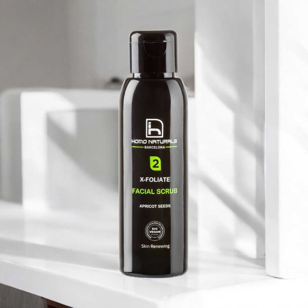 Exfoliante facial para hombre. Con albaricoque. Sin sulfatos. Natural y certificado ecológico.