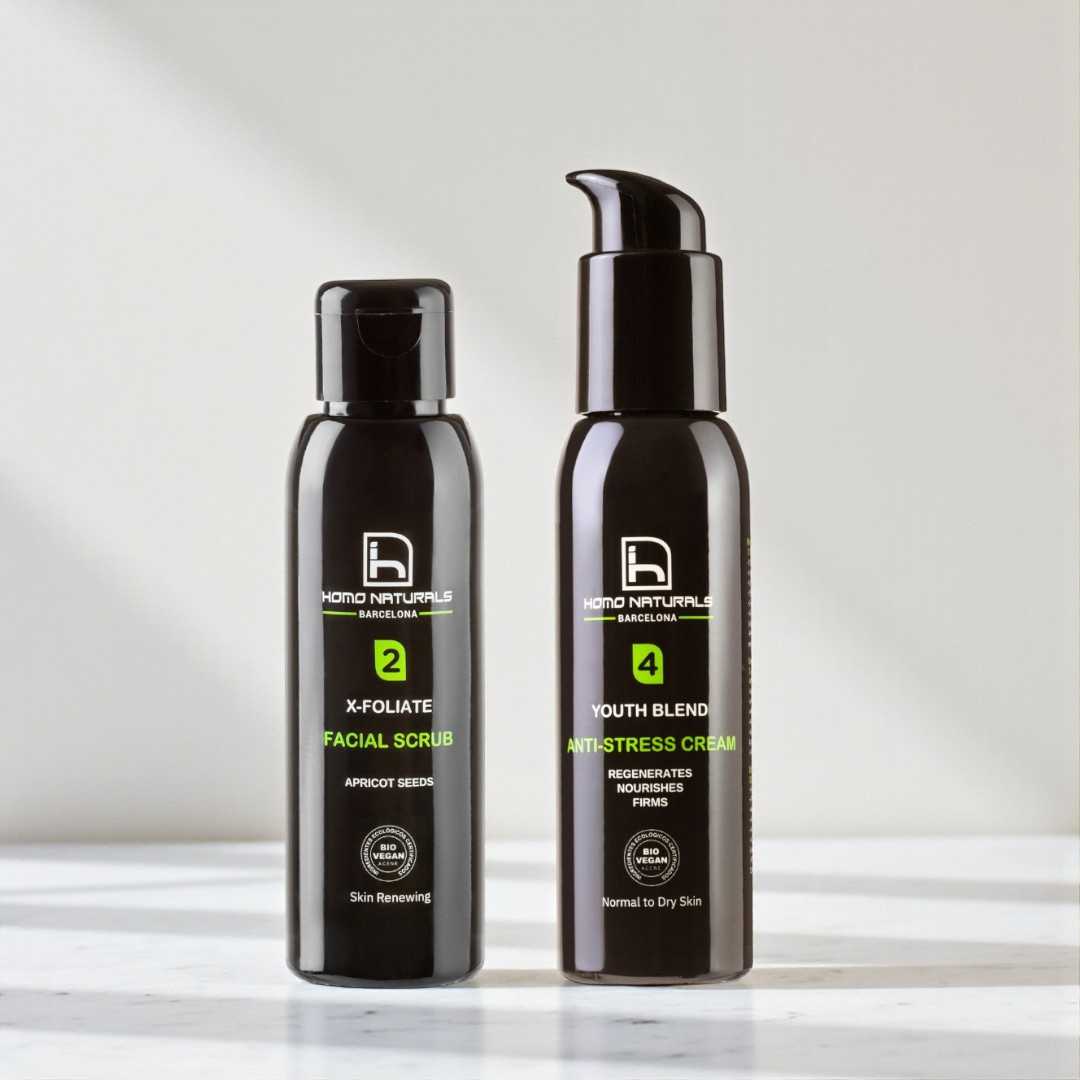 Kit cuidado facial hombre con exfoliante y crema antiarrugas