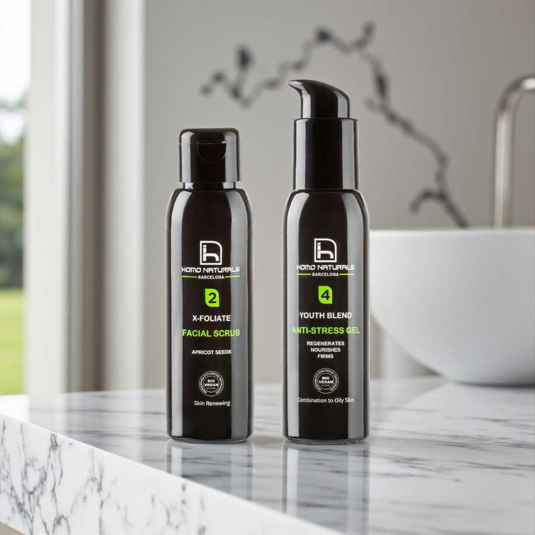 Kit cuidado facial hombre con exfoliante y crema antiarrugas para piel grasa