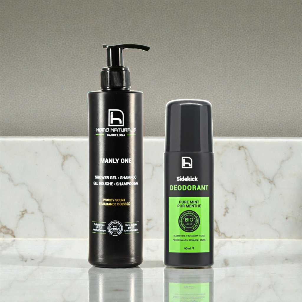 Gel de ducha sin sulfatos para hombre y desodorante sin alcohol, ideal para regalar.