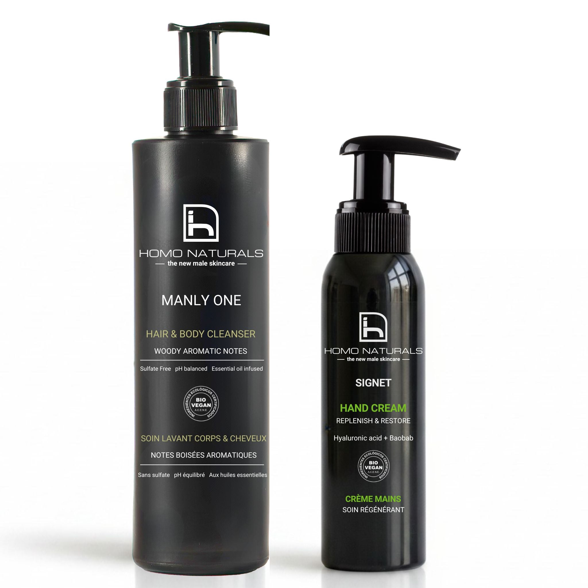 Kit compusto por gel de ducha y crema de manos para hombre. Ideal para regalar. Productos naturales para el cuidado de la piel del hombre. Presentación premium. Certificación bio + vegan.
