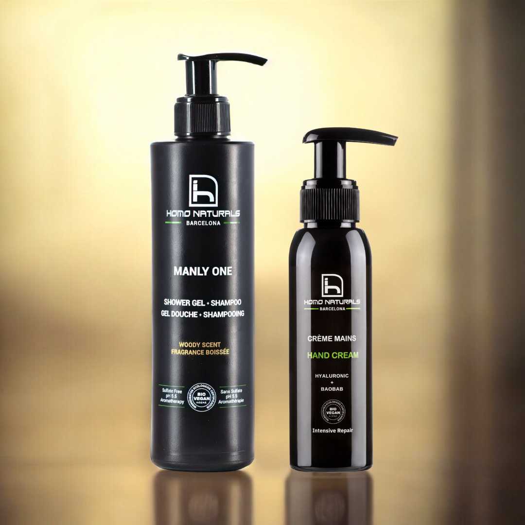 Kit de regalo para hombre con gel de ducha y crema de manos.