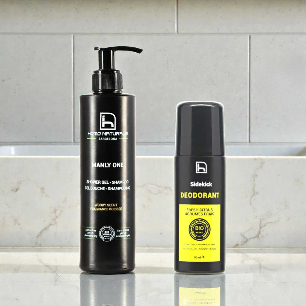 Gel de ducha orgánico para hombres y desodorante bio sin alcohol y sin aluminio. Productos naturales para la piel del hombre. Ideal para regalar.