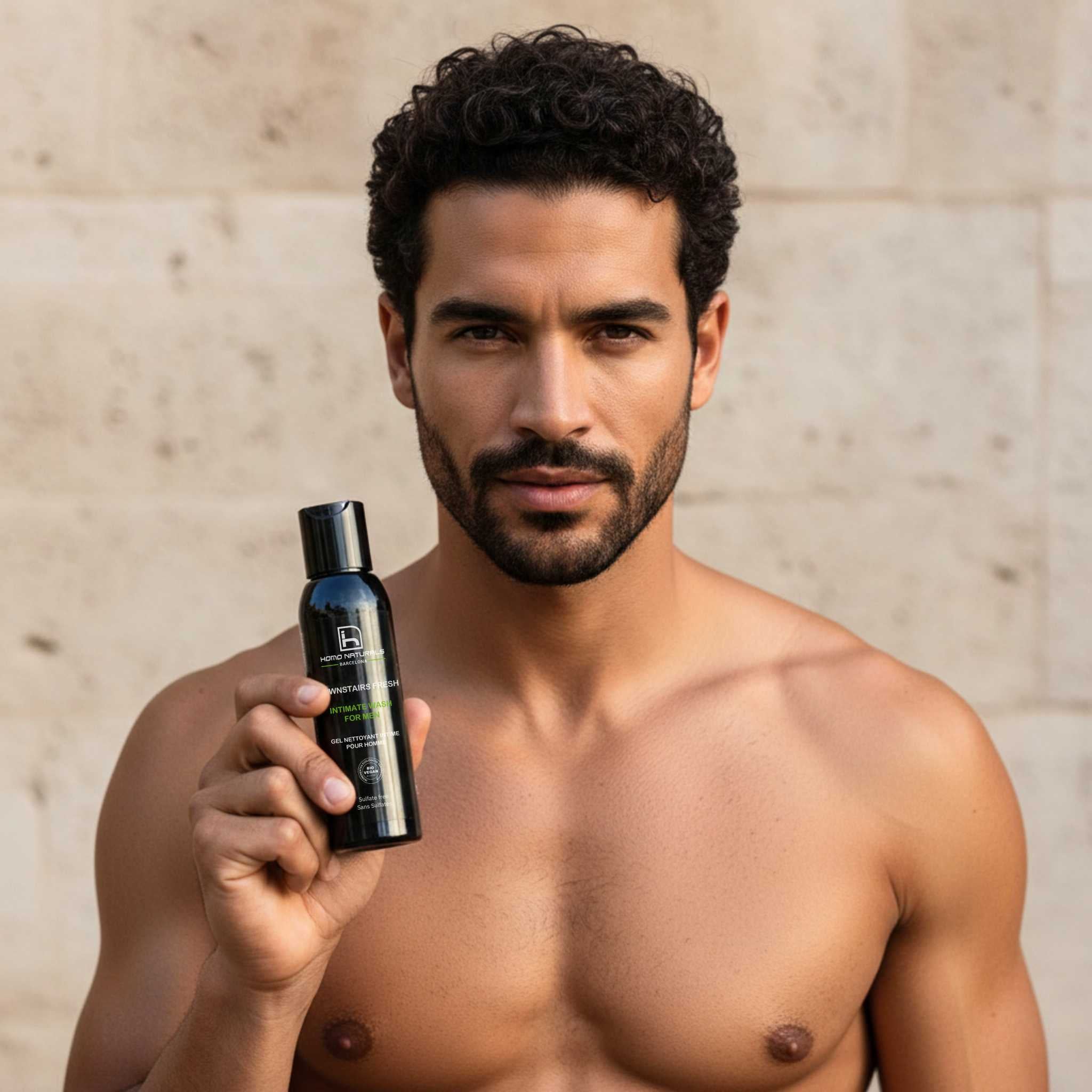 Jabón íntimo para hombre sin sulfatos. Certificado natural ecológico y vegano. Con activos calmantes y dermoprotectores. Apto para toda la zona íntima del hombre: Pene, glande, testículos y ano.
