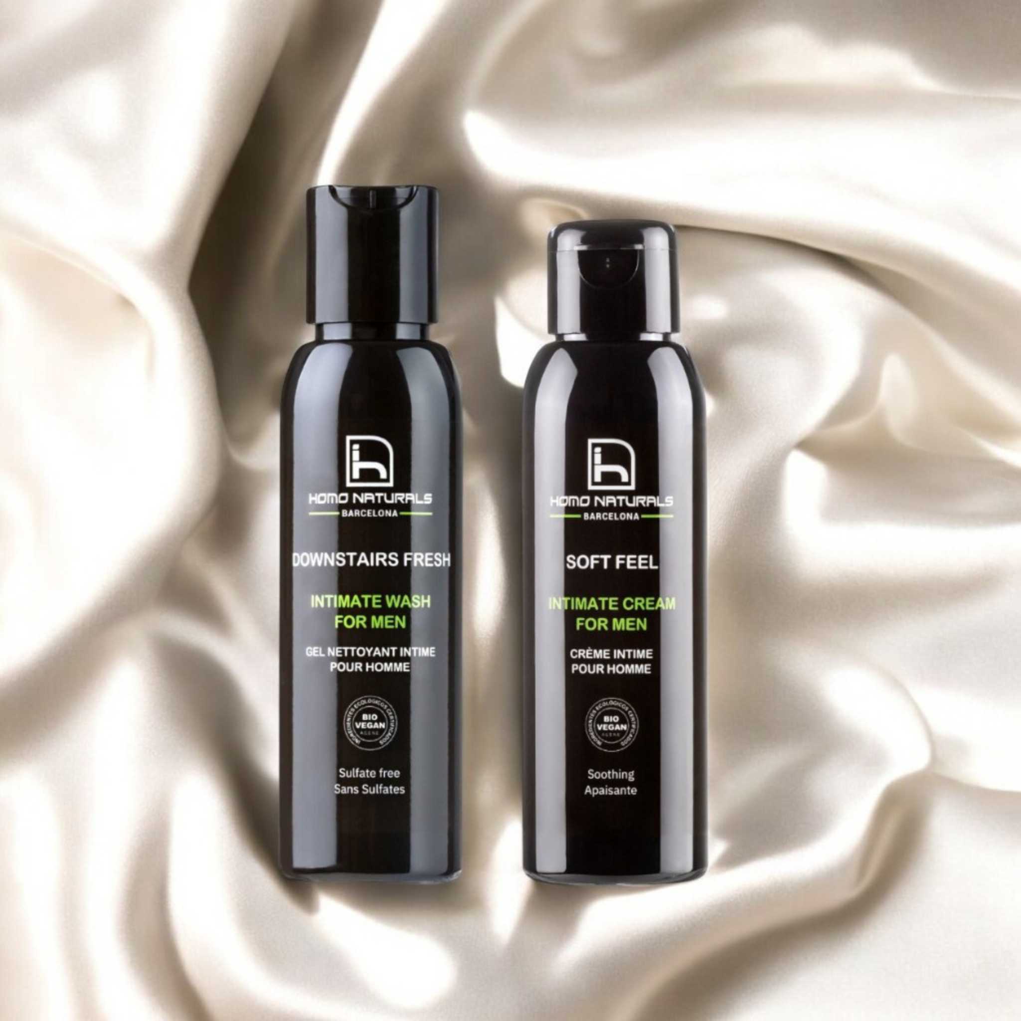 Pack de cuidado íntimo para hombre con gel de higiene íntima y crema de cuidado íntimo natural.