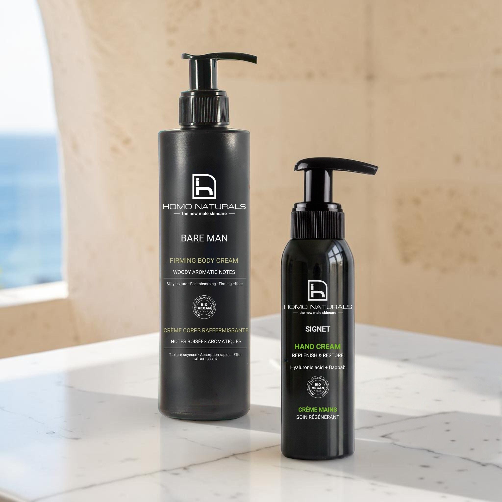 Kit compuesto de crema corporal y crema de manos para hombre, de la marca Homo Naturals. Cuidado natural y fórmulas de rápida absorción. Presentación premium ideal para regalo.