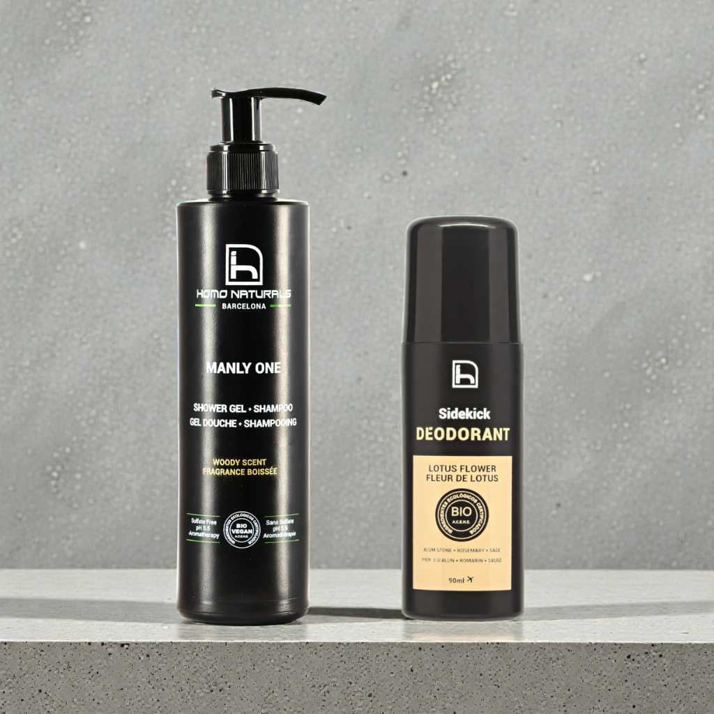 Gel de ducha sin sulfatos y desodorante natural para hombre.