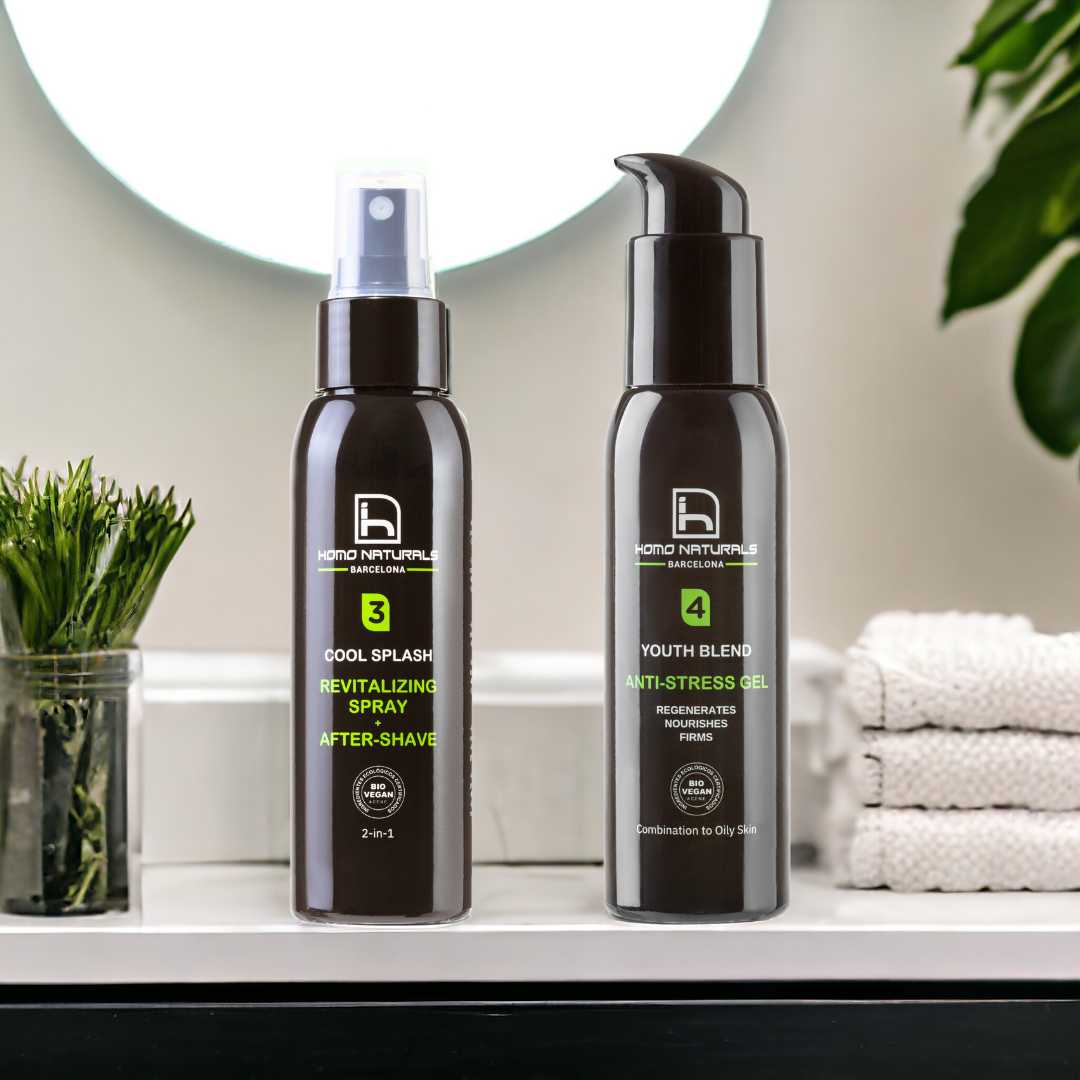 Kit de cuidado facial para hombre con piel grasa. Incluye tónico revitalizante facial y crema antiedad.