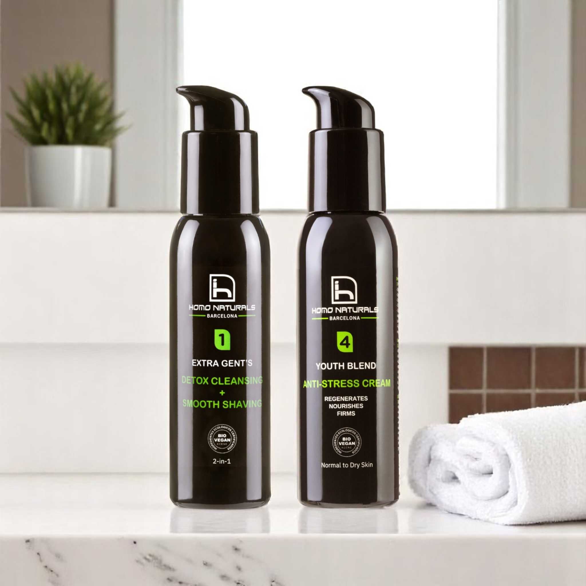 Kit facial antiedad para hombre. Contiene limpiador facial y crema antiarrugas natural.