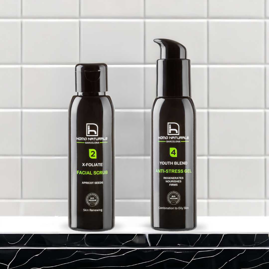 Kit cuidado facial hombre con exfoliante y crema antiarrugas para piel grasa