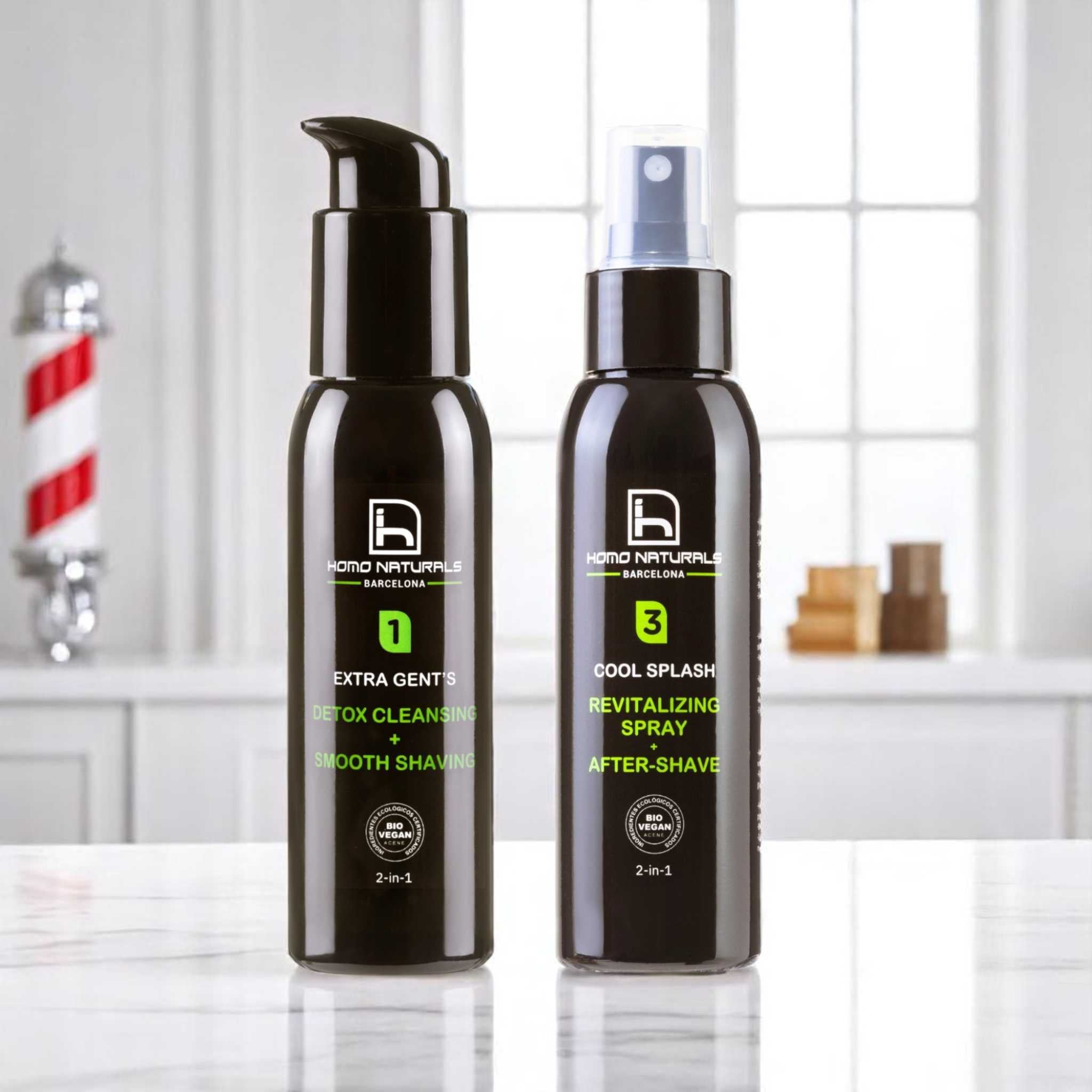 Productos naturales de afeitado para hombres con crema de afeitado sin sulfatos y after shave sin alcohol.