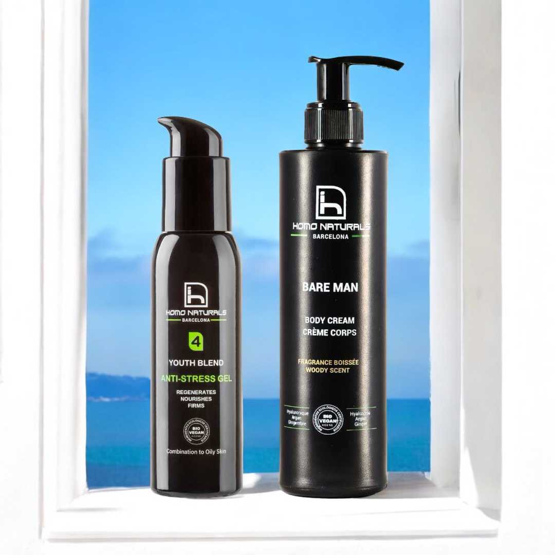 Productos para el cuidado de la piel del hombre. Crema facial antiedad y crema corporal reafirmante natural.