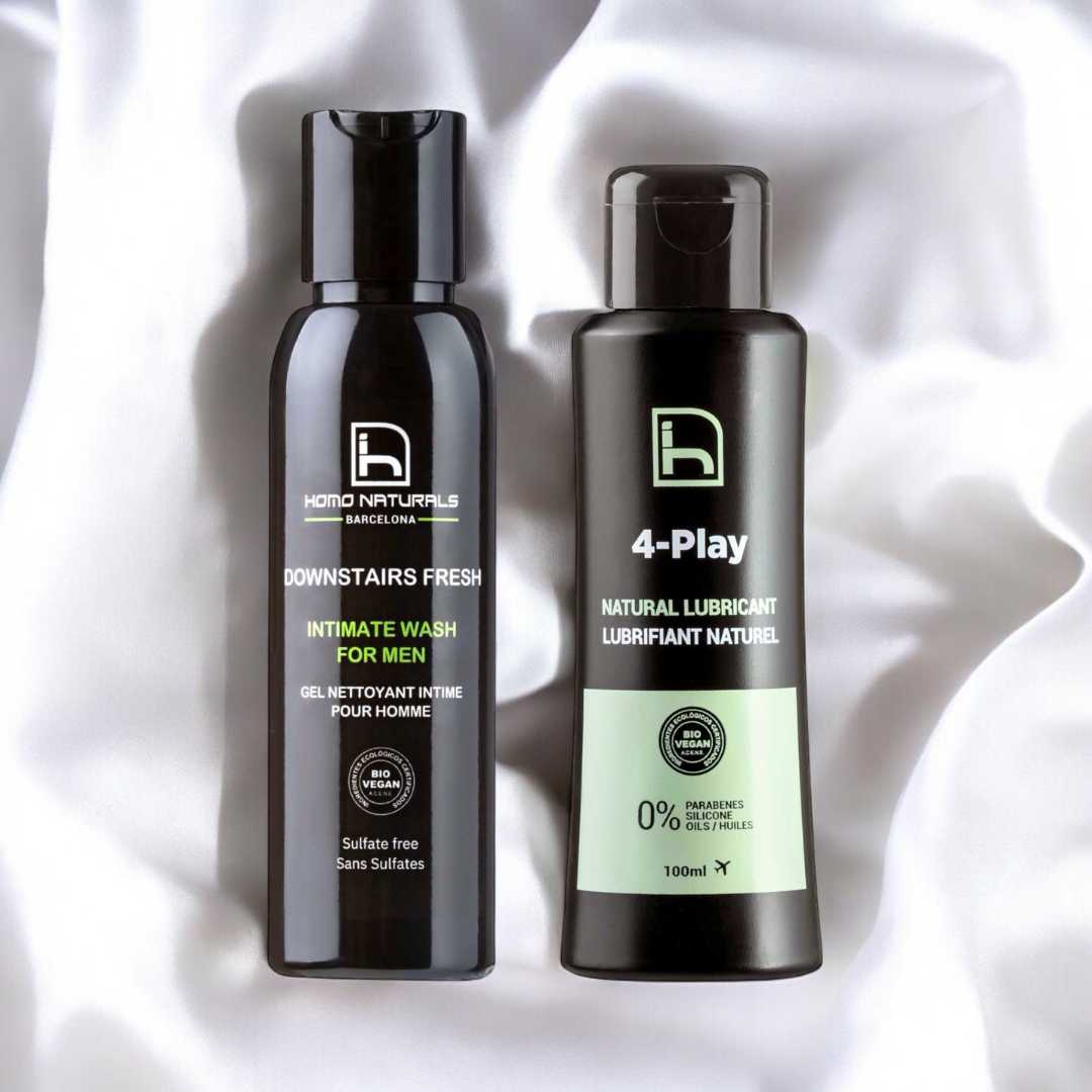 Higiene íntima para hombre con jabón íntimo y lubricante natural.