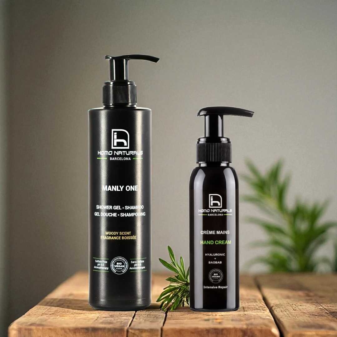 Kit de regalo hombre con gel de ducha natural y crema de manos ecológica.