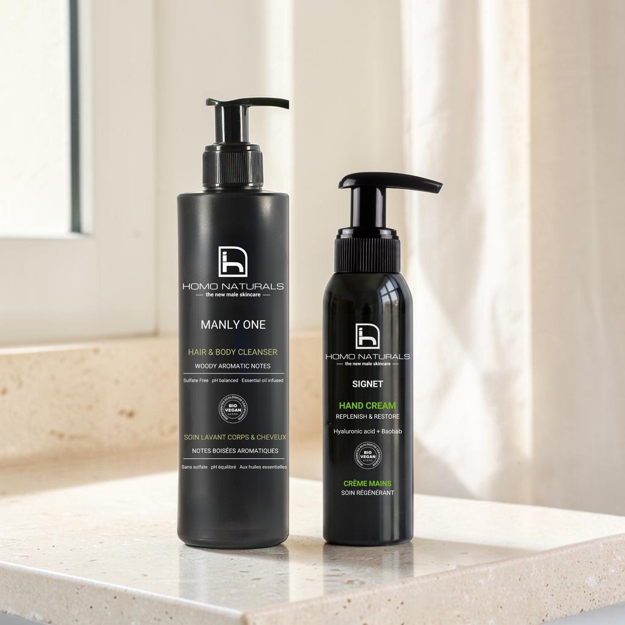 Kit de gel de ducha y crema de manos natural para hombre de Homo Naturals, productos para el cuidado de la piel del hombre. Ideal para regalar. Presentación premium. Fórmulas naturales con certificación bio + vegan.