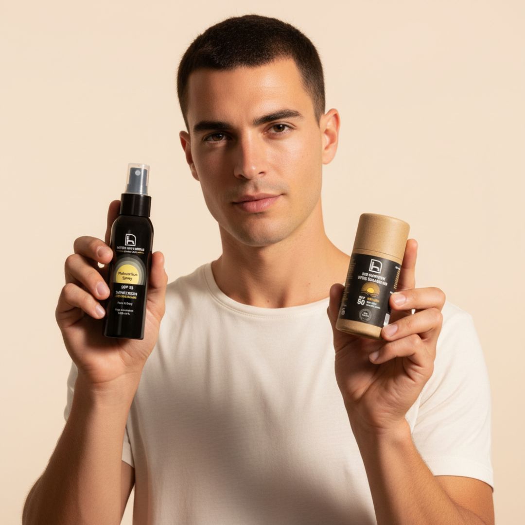 Protector solar SPF 50 para hombre en spray y stick biodegradable, natural y vegano, sin efecto blanco y de rápida absorción.