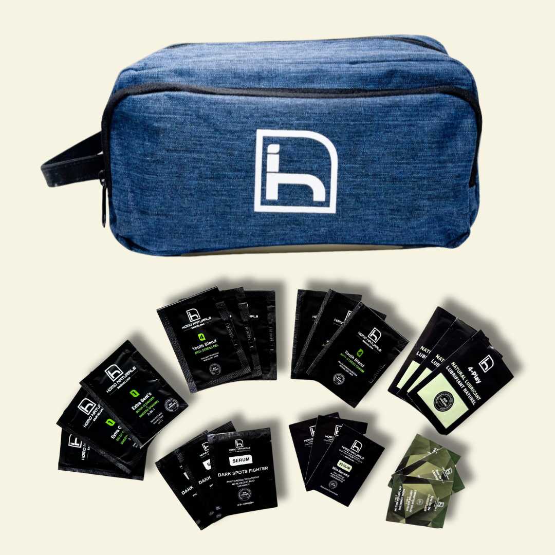 Neceser de regalo para hombres con juego de muestras de productos de cosmética masculina.