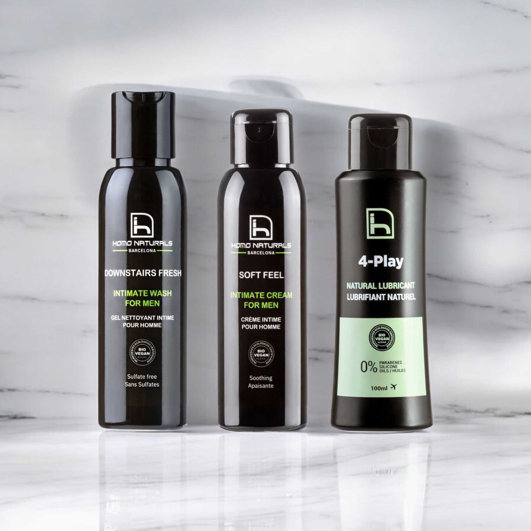 Productos de cuidado íntimo para hombre. Jabón íntimo, crema íntima y lubricante natural.