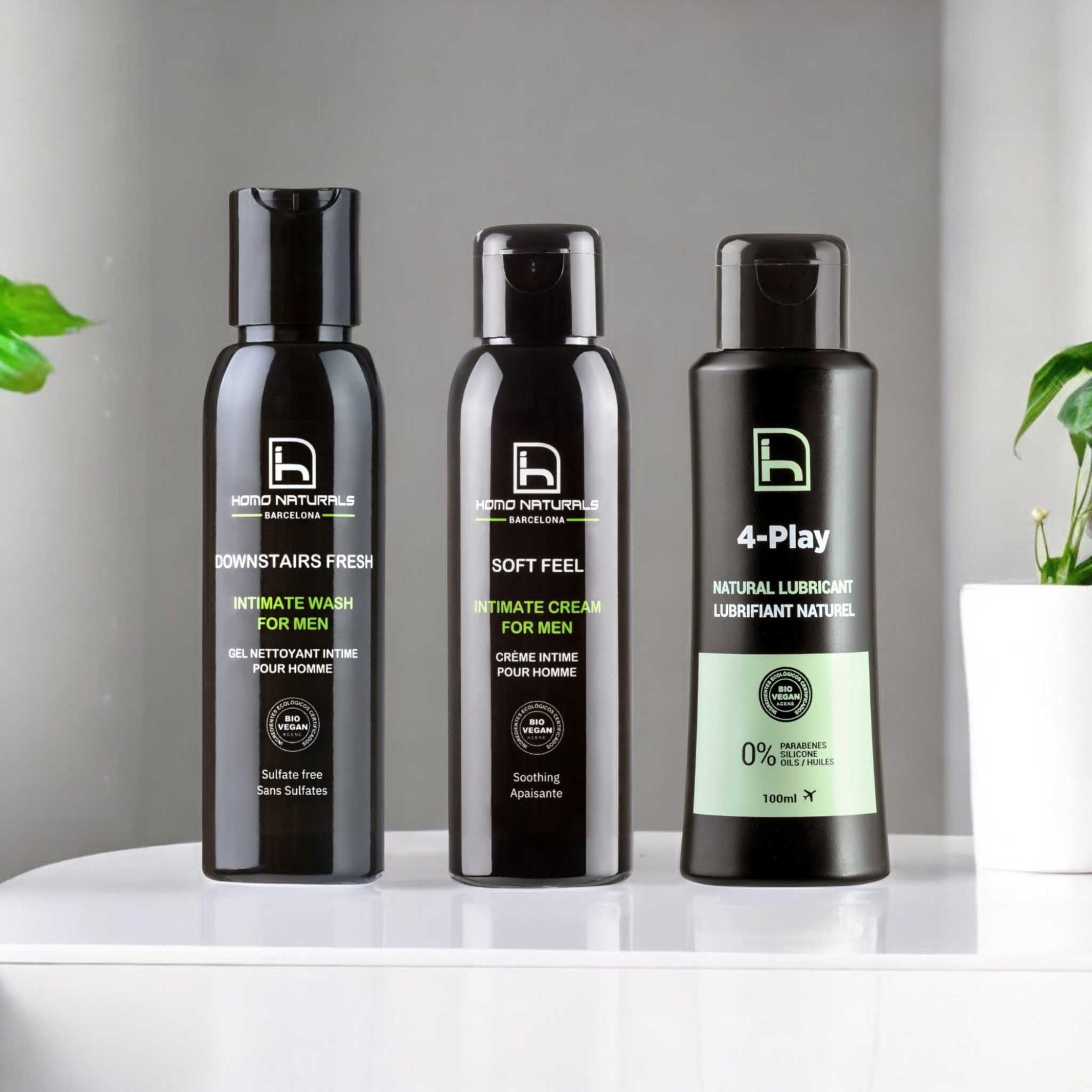Cuidado íntimo para hombres con jabón íntimo, crema íntima y lubricante natural.