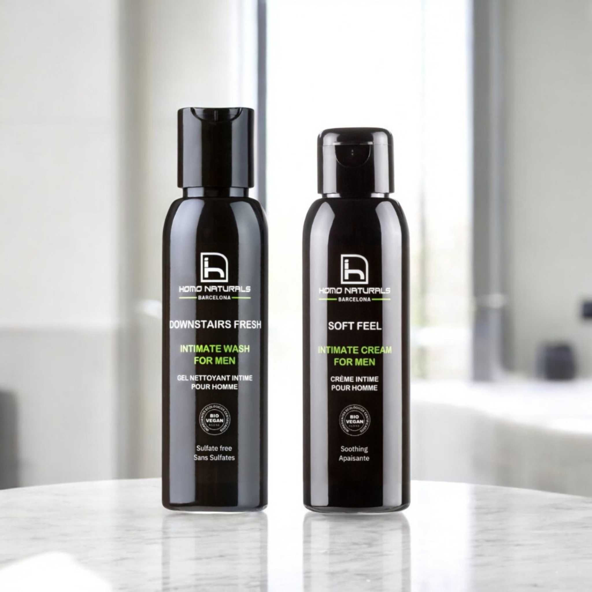 Kit de productos íntimos para hombre con jabón íntimo natural y crema íntima calmante para hombre.