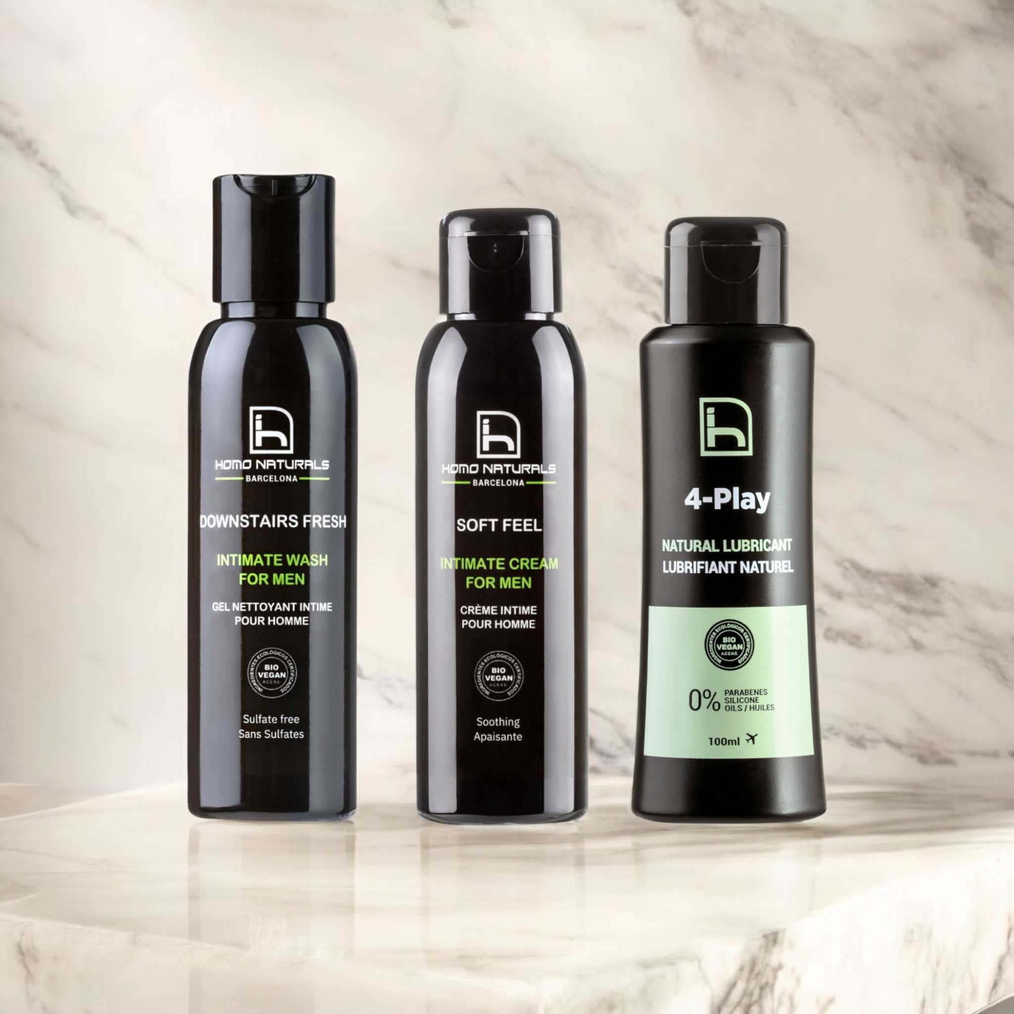 Kit de cuidado íntimo para hombre con gel de higiene íntima, crema hidratante íntima y lubricante natural.